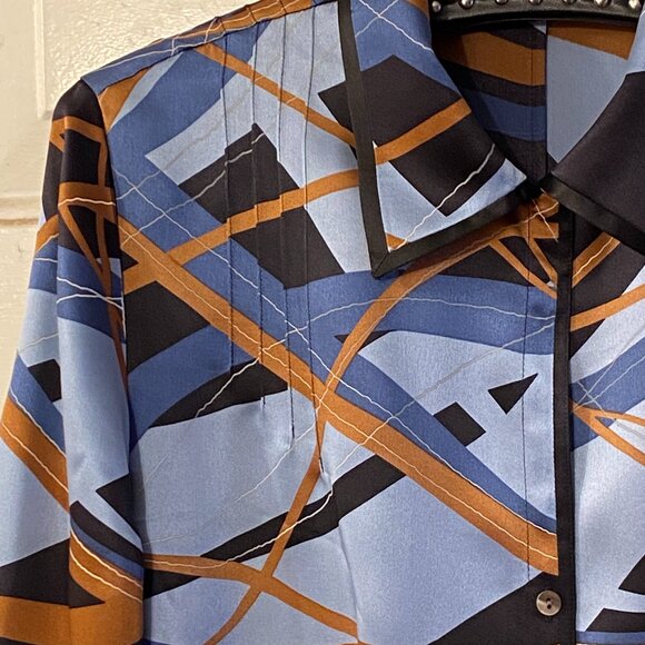 NWT i.e. Womens 100% Silk Blouse Shirt Sz 8 (M) 3/4 Sleeve Blue/Brown Abstract - Picture 3 of 11
